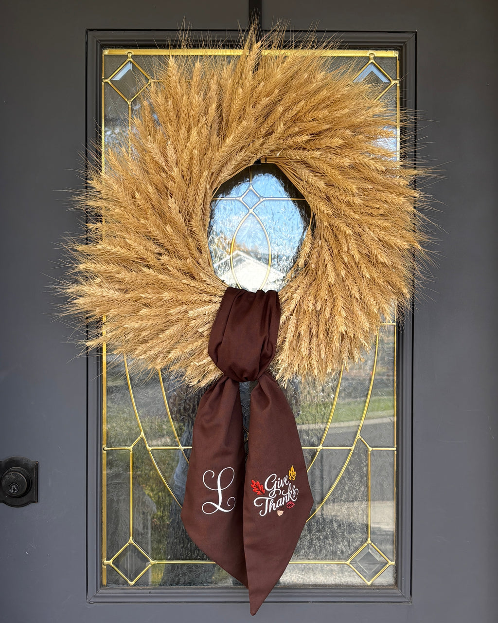 Give Thanks Monogram Wreath Sash - Brown
