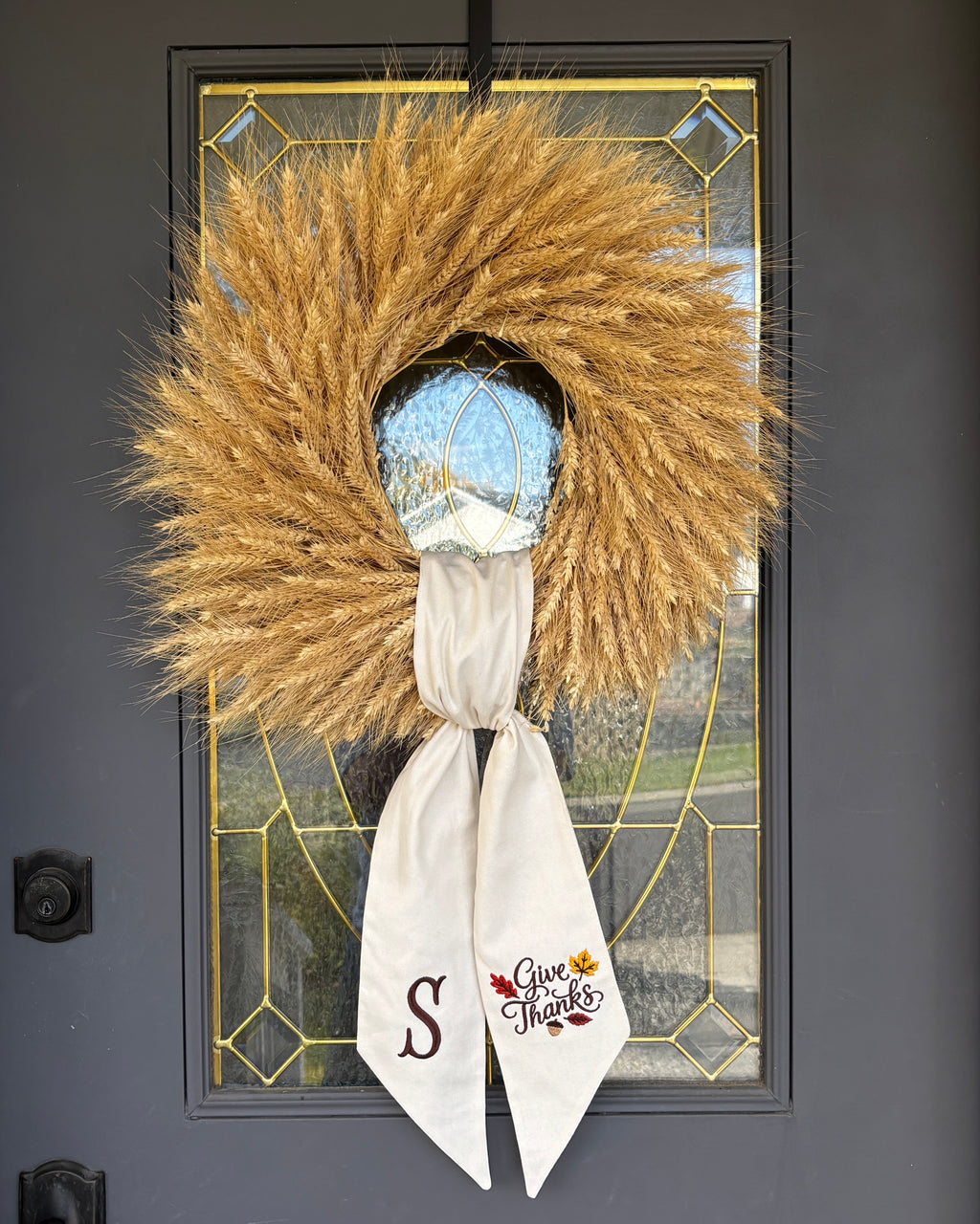 Give Thanks Monogram Wreath Sash - Ivory