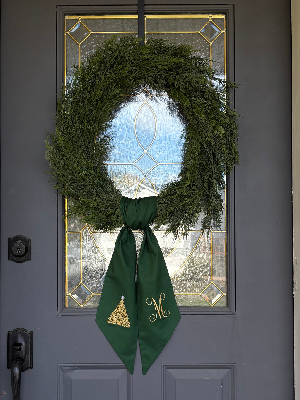 Green & Gold Christmas Tree Monogram Wreath Sash