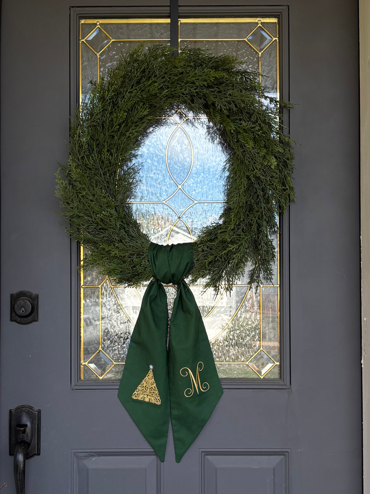 Green & Gold Christmas Tree Monogram Wreath Sash