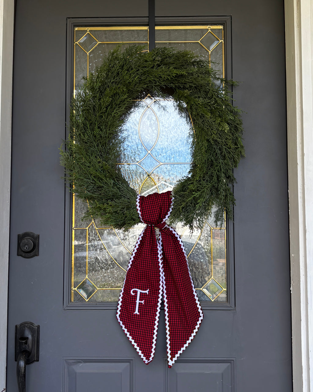 Red & Black Gingham Monogram Wreath Sash