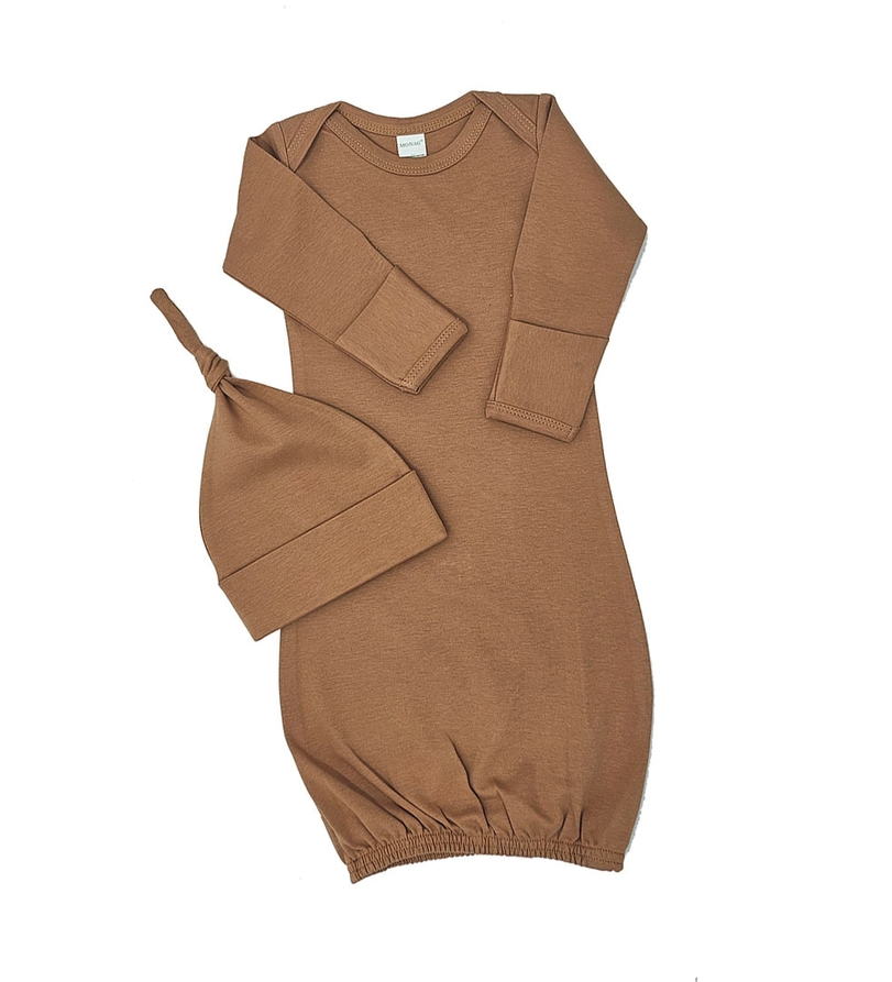 Embroidered Organic Long Sleeve Infant Gown and Knotted Beanie Gift Set