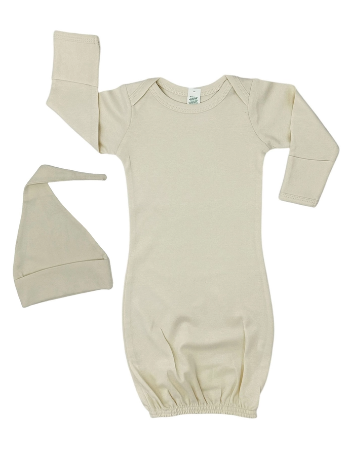 Embroidered Organic Long Sleeve Infant Gown and Knotted Beanie Gift Set